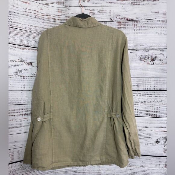 Cut loose Top womens Size XL button up linen shirt olive green Tunic minimalist - Picture 4 of 10